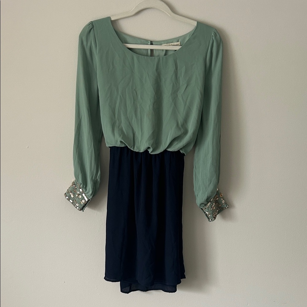 Aqua and Navy long sleeve beaded cuff party Dress